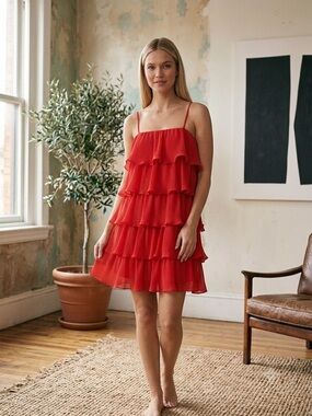 Sincerely Jules red tiered pleated flapper-style mini dress.